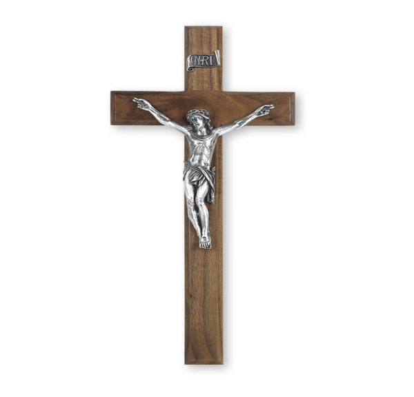 12" Walnut Wood Wall Crucifix with Genuine Silver Pewter Corpus