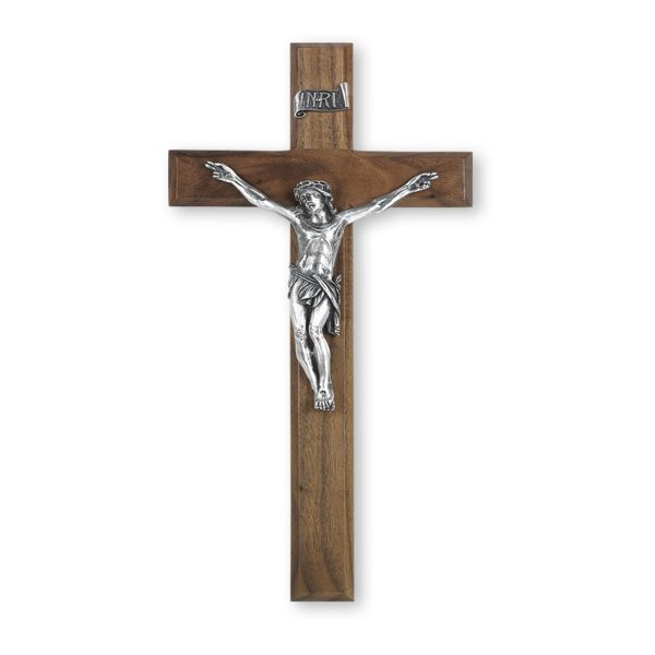 12" Walnut Wood Wall Crucifix with Genuine Silver Pewter Corpus