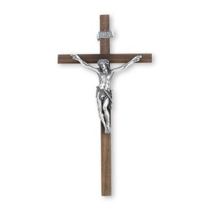 12" Walnut Wood Wall Crucifix with Genuine Silver Pewter Corpus
