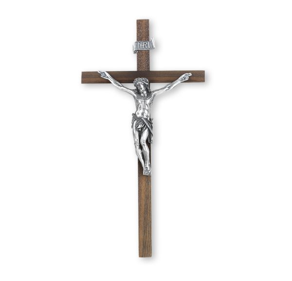 12" Walnut Wood Wall Crucifix with Genuine Silver Pewter Corpus