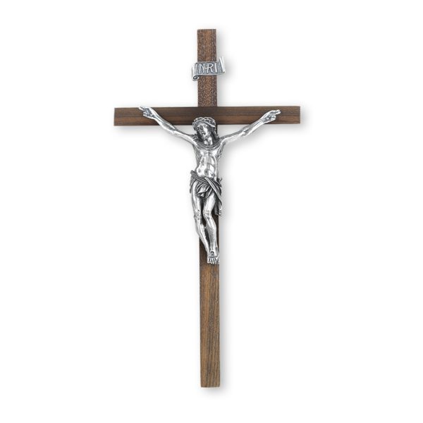 12" Walnut Wood Wall Crucifix with Genuine Silver Pewter Corpus