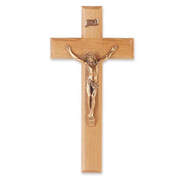 10" Oak Wood Wall Crucifix with Genuine Bronze Pewter Corpus