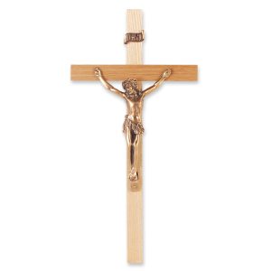 10" Oak Wood Wall Crucifix with Genuine Bronze Pewter Corpus