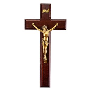 10" Dark Cherry Wood Wall Crucifix with Genuine Bronze Pewter Corpus