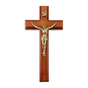 10" Twotone Wood Wall Crucifix with Genuine Bronze Pewter Corpus