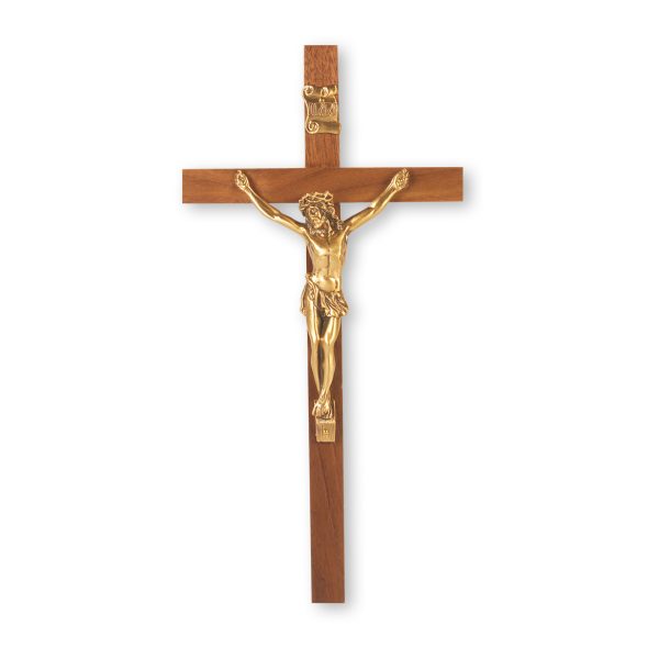 10" Genuine Walnut Wood Wall Crucifix with Genuine Bronze Pewter Corpus