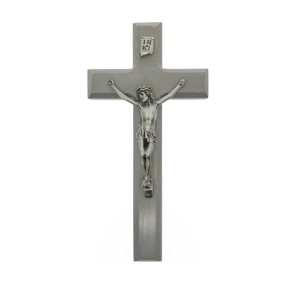 10" Camtry Gray Wood Wall Crucifix with Genuine Silver Pewter Corpus