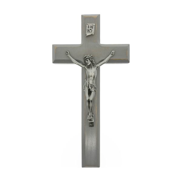 10" Camtry Gray Wood Wall Crucifix with Genuine Silver Pewter Corpus