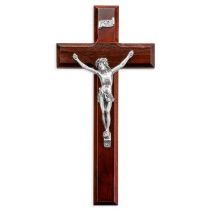 10" Dark Cherry Wood Wall Crucifix with Genuine Silver Pewter Corpus