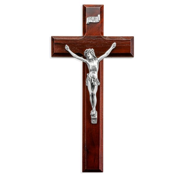 10" Dark Cherry Wood Wall Crucifix with Genuine Silver Pewter Corpus