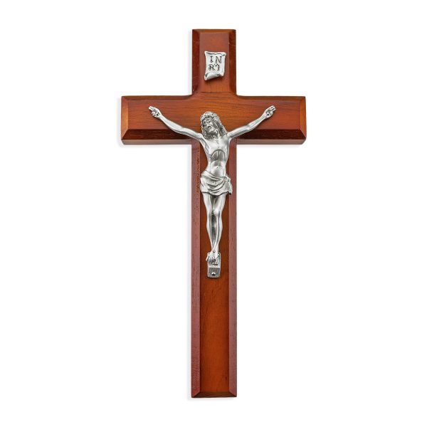 10" Twotone Wood Wall Crucifix with Genuine Silver Pewter Corpus