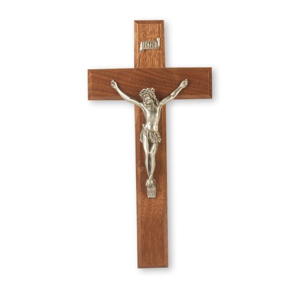 10" Genuine Walnut Wall Crucifix with Genuine Silver Pewter Corpus