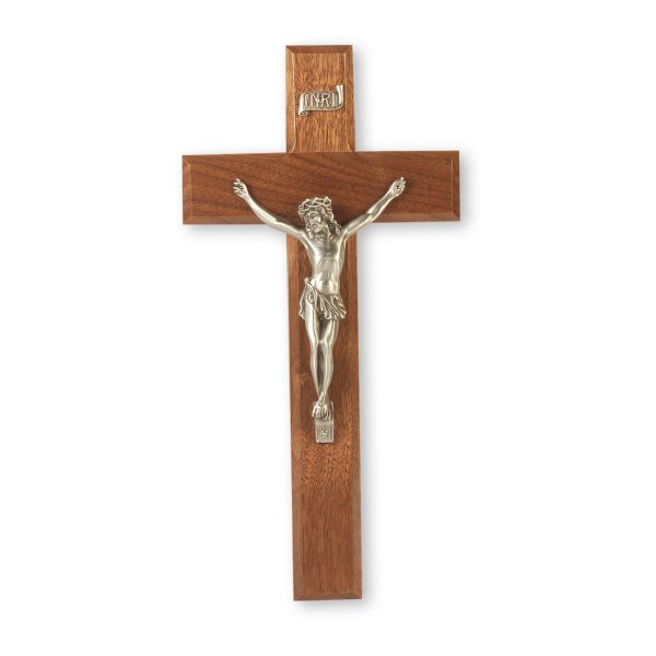 10" Genuine Walnut Wall Crucifix with Genuine Silver Pewter Corpus