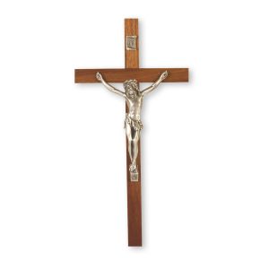 10" Genuine Walnut Wood Wall Crucifix with Genuine Silver Pewter Corpus