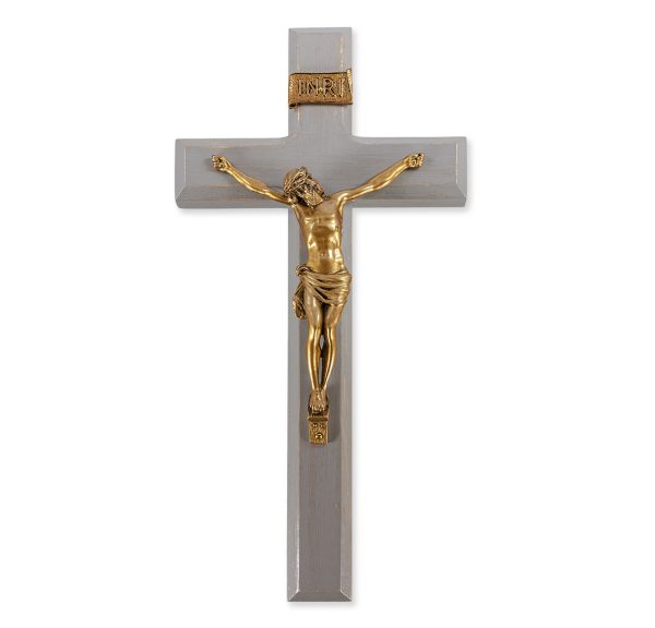 11" Camtry Gray Wood Wall Crucifix with Genuine Bronze Pewter Corpus