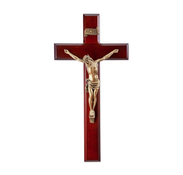 11" Dark Cherry Wood Wall Crucifix with Genuine Bronze Pewter Corpus