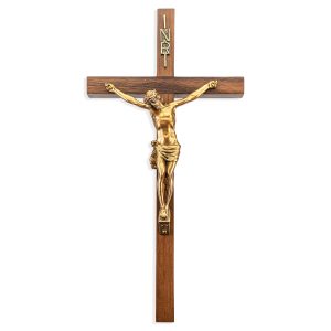 11" Genuine Walnut Wood Wall Crucifix with Genuine Bronze Pewter Corpus
