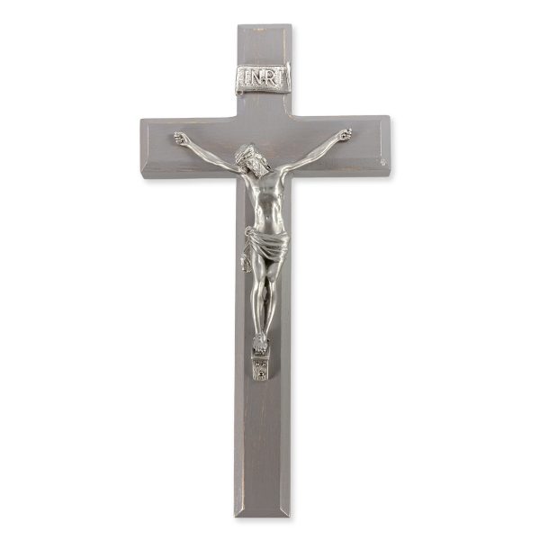 11" Camtry Gray Wood Wall Crucifix with Genuine Silver Pewter Corpus