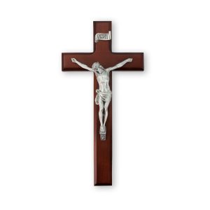 11" Dark Cherry Wood Wall Crucifix with Genuine Silver Pewter Corpus