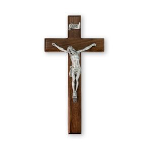 11" Genuine Walnut Wall Crucifix with Genuine Silver Pewter Corpus