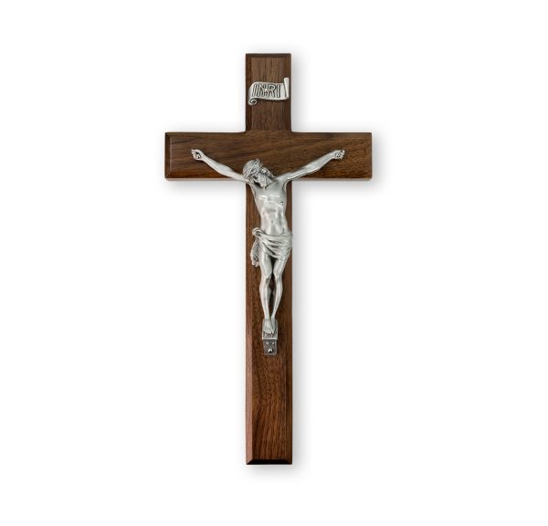 11" Genuine Walnut Wall Crucifix with Genuine Silver Pewter Corpus