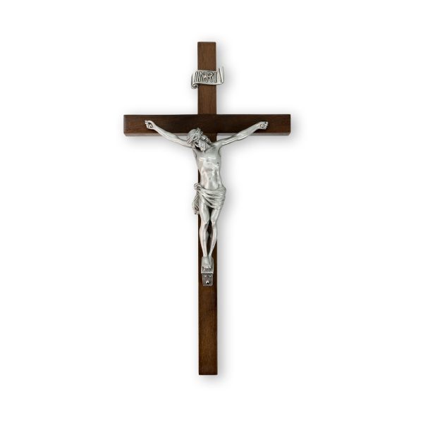 11" Genuine Walnut Wall Crucifix with Genuine Silver Pewter Corpus