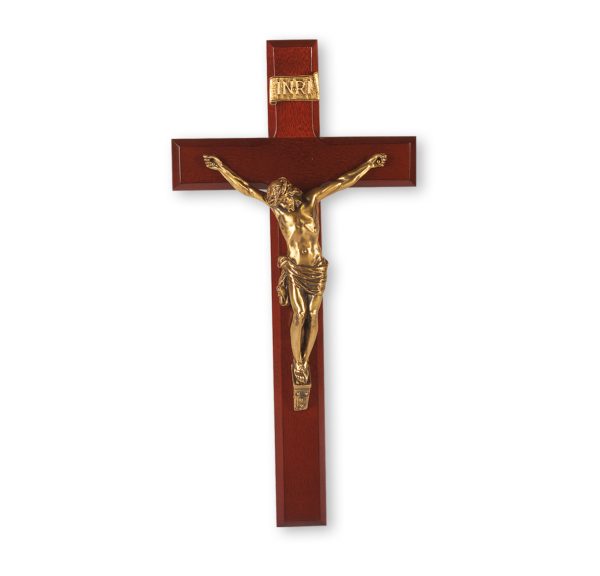 12" Dark Cherry Wood Wall Crucifix with Genuine Bronze Pewter Corpus