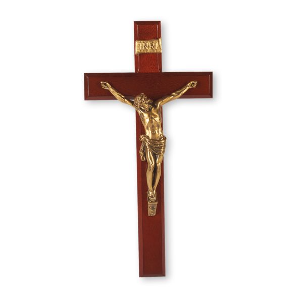 12" Dark Cherry Wood Wall Crucifix with Genuine Bronze Pewter Corpus