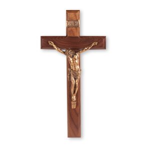 12" Walnut Wood Wall Crucifix with Genuine Bronze Pewter Corpus