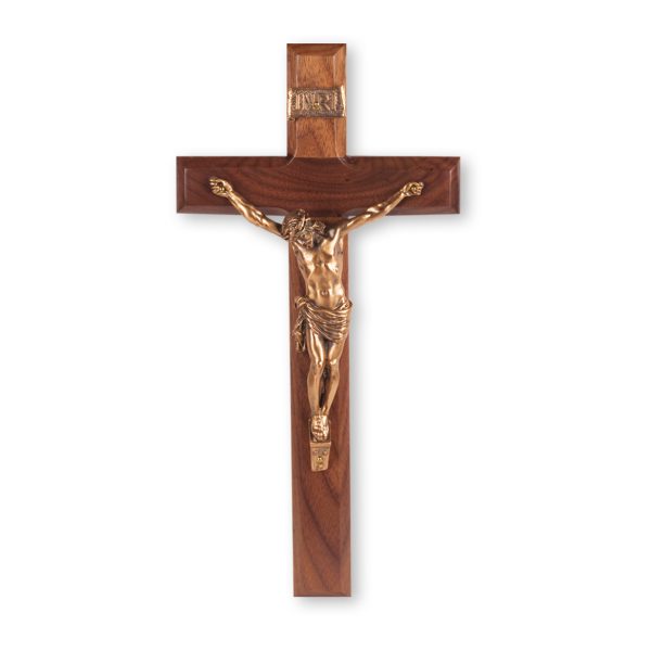 12" Walnut Wood Wall Crucifix with Genuine Bronze Pewter Corpus