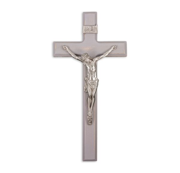 12" Camtry Gray Wood Wall Crucifix with Genuine Silver Pewter Corpus