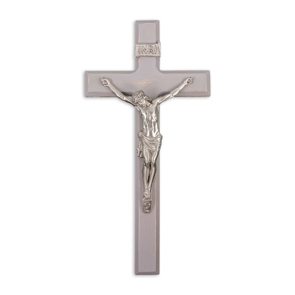 12" Camtry Gray Wood Wall Crucifix with Genuine Silver Pewter Corpus