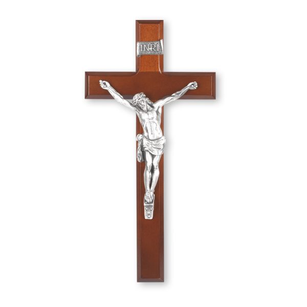 12" Dark Cherry Wood Wall Crucifix with Genuine Silver Pewter Corpus