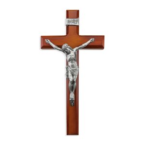12" Twotone Wood Wall Crucifix with Genuine Silver Pewter Corpus