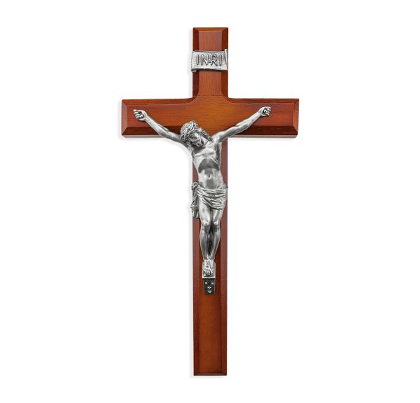 12" Twotone Wood Wall Crucifix with Genuine Silver Pewter Corpus