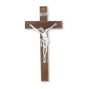 12" Genuine Walnut Wood Wall Crucifix with Genuine Silver Pewter Corpus