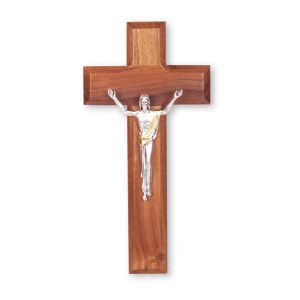 8" Natural Cherry Wood Wall Crucifix with Silver Plated Jesus Figure