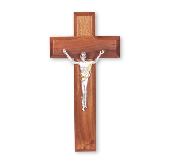 8" Natural Cherry Wood Wall Crucifix with Silver Plated Jesus Figure