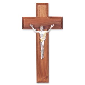 8" Genuine Walnut Wood Wall Crucifix with Silver Plated Corpus