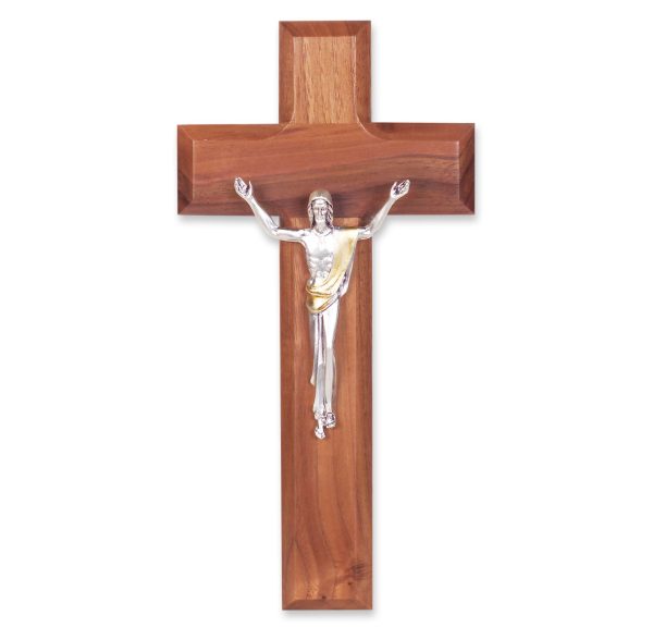 8" Genuine Walnut Wood Wall Crucifix with Silver Plated Corpus