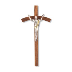 8" Genuine Walnut Wood Wall Crucifix with Silver Plated Jesus