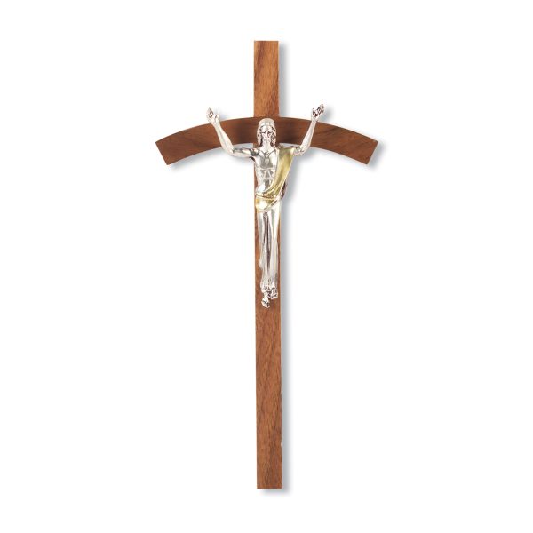 8" Genuine Walnut Wood Wall Crucifix with Silver Plated Jesus