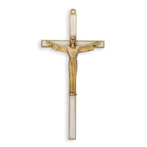 7" Gold Plated Pearlized Risen Cross with Genuine Bronze Pewter Corpus