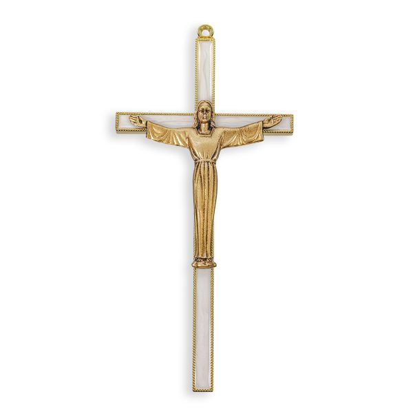 7" Gold Plated Pearlized Risen Cross with Genuine Bronze Pewter Corpus