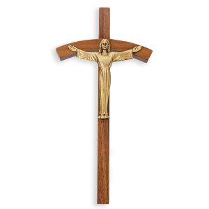 8" Walnut Wood Risen Wall Cross with Genuine Bronze Pewter Corpus