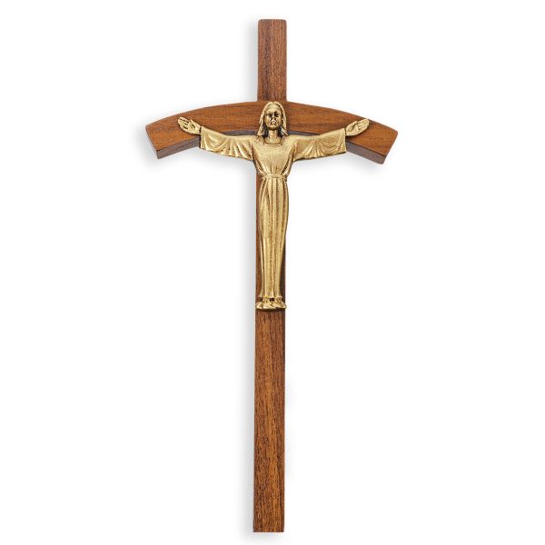 8" Walnut Wood Risen Wall Cross with Genuine Bronze Pewter Corpus