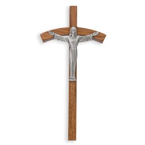 8" Walnut Wood Risen Wall Crucifix with Silver Pewter Corpus