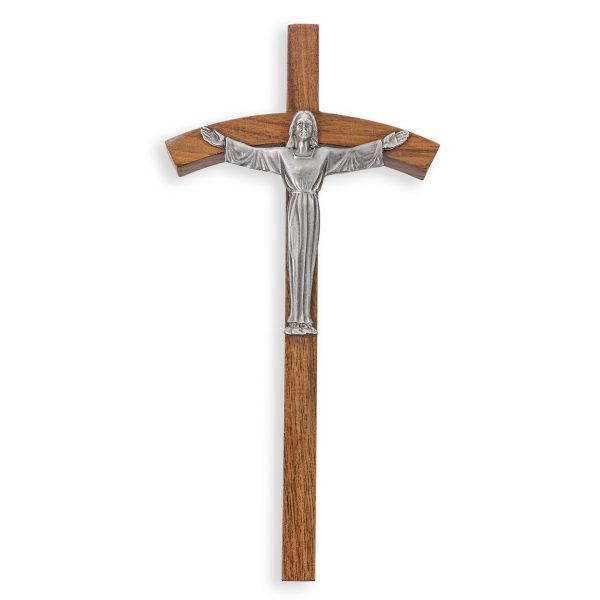 8" Walnut Wood Risen Wall Crucifix with Silver Pewter Corpus
