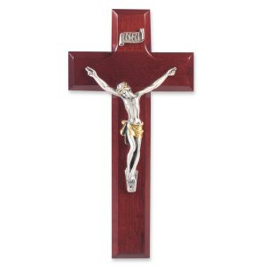 8" Dark Cherry Wood Wall Crucifix with Silver Plated Corpus