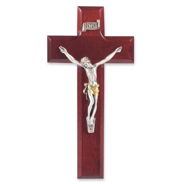 8" Dark Cherry Wood Wall Crucifix with Silver Plated Corpus